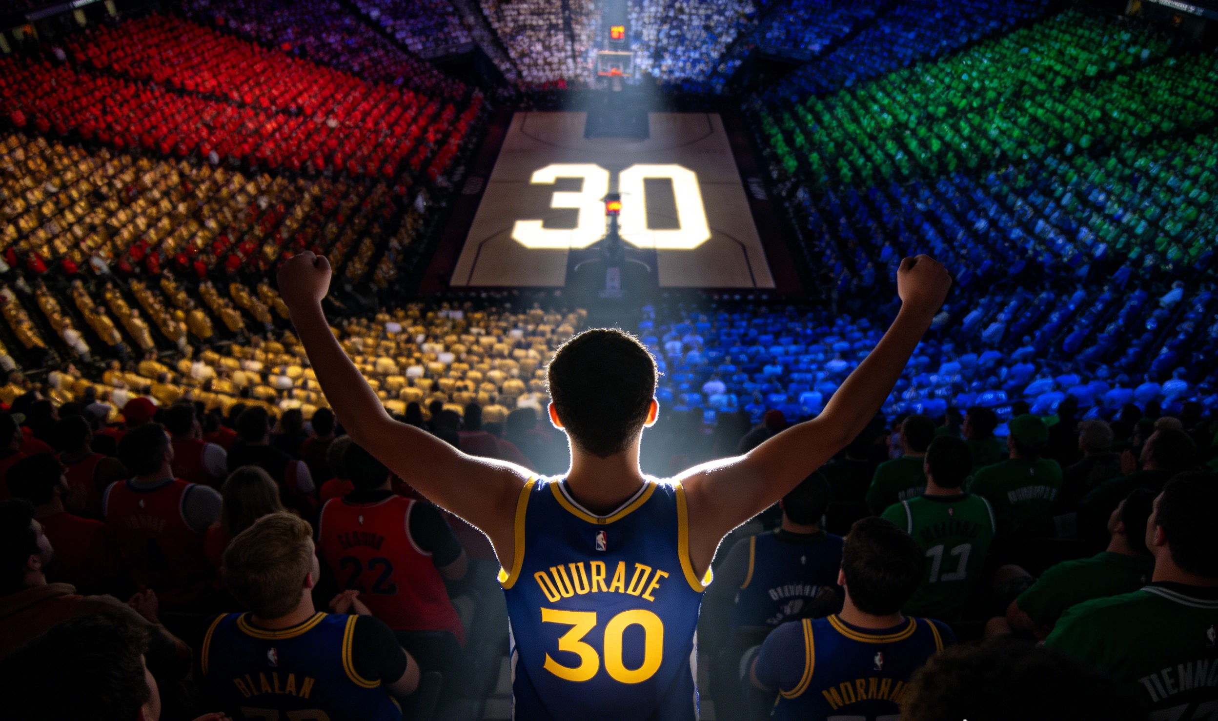Aficionados en las gradas vistiendo camisetas de diferentes equipos NBA, años 90