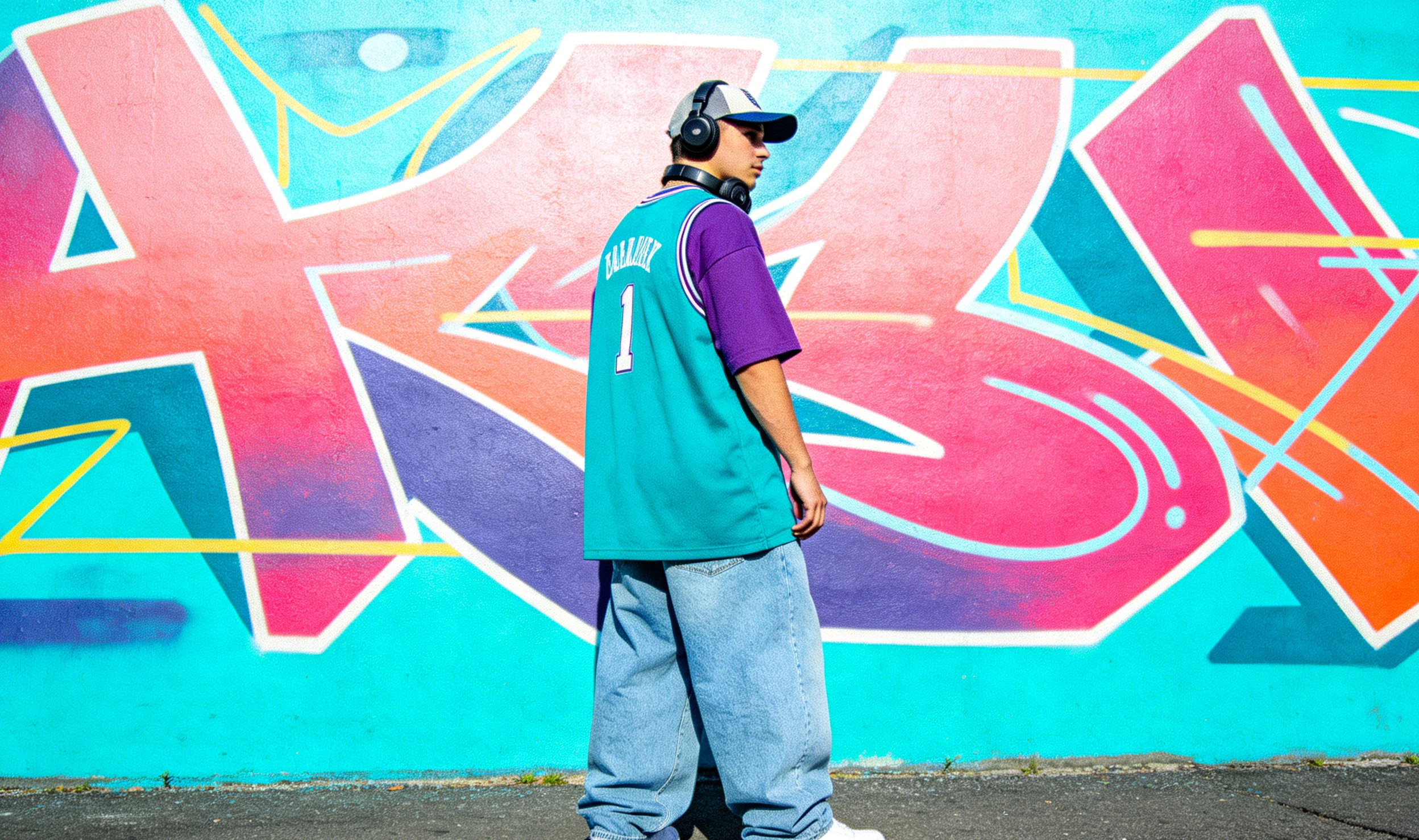 Foto callejera de estilo urbano con camiseta de baloncesto, cultura hip-hop