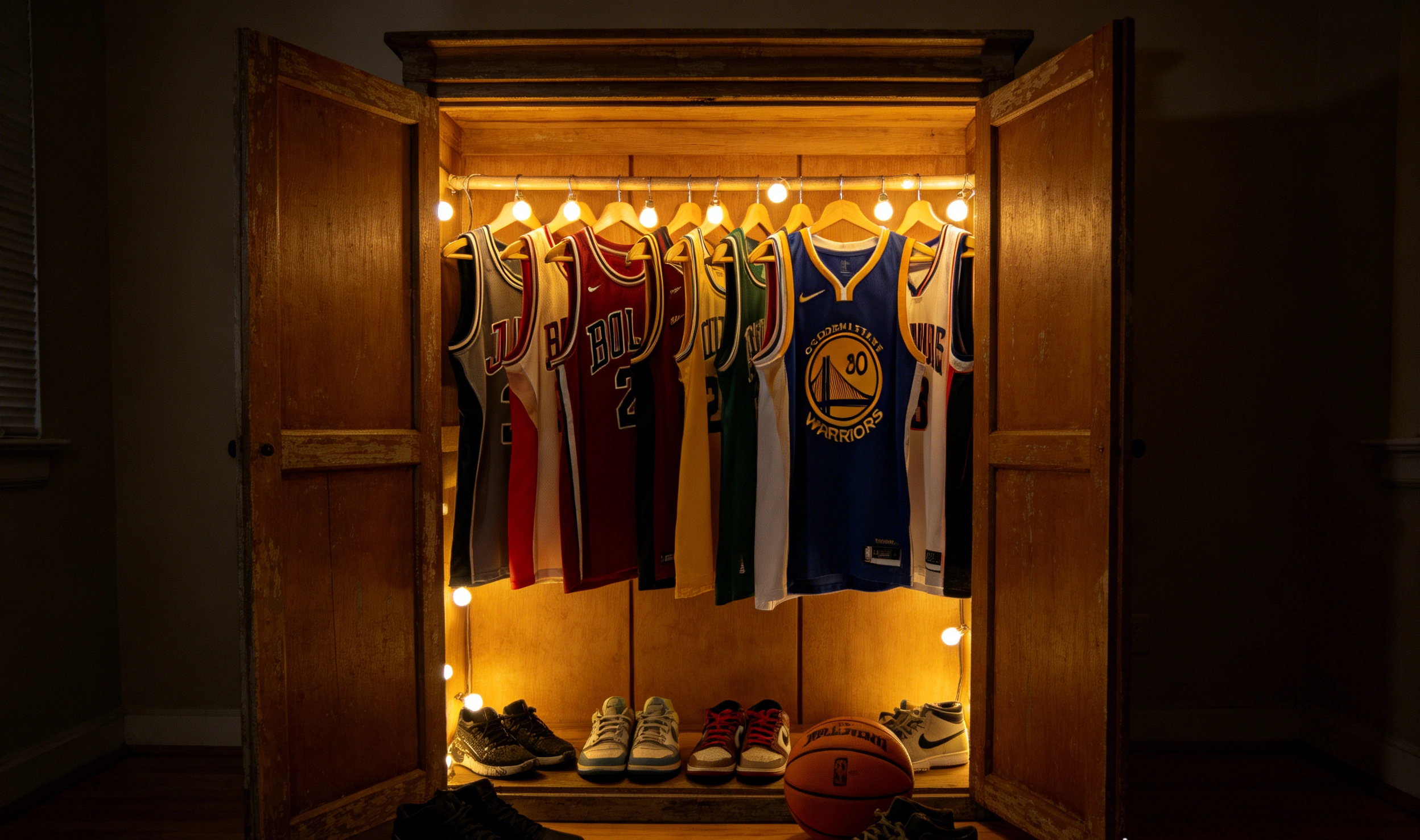 Puerta de armario de madera antiguo lleno de camisetas NBA de distintas épocas y equipos