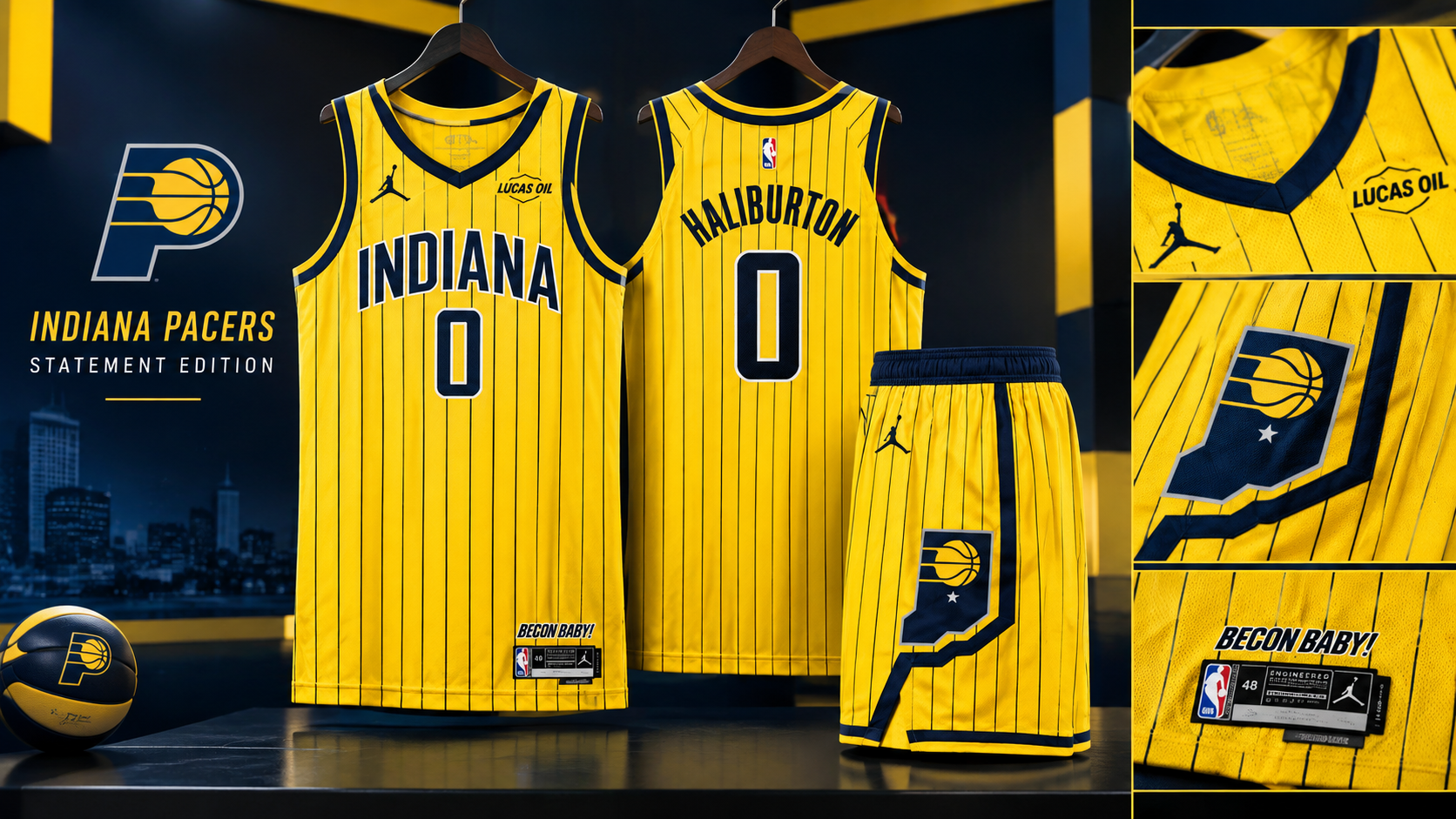 Camiseta Indiana Pacers Statement Edition 2026-27 con pinstripes doradas y letras azul marino