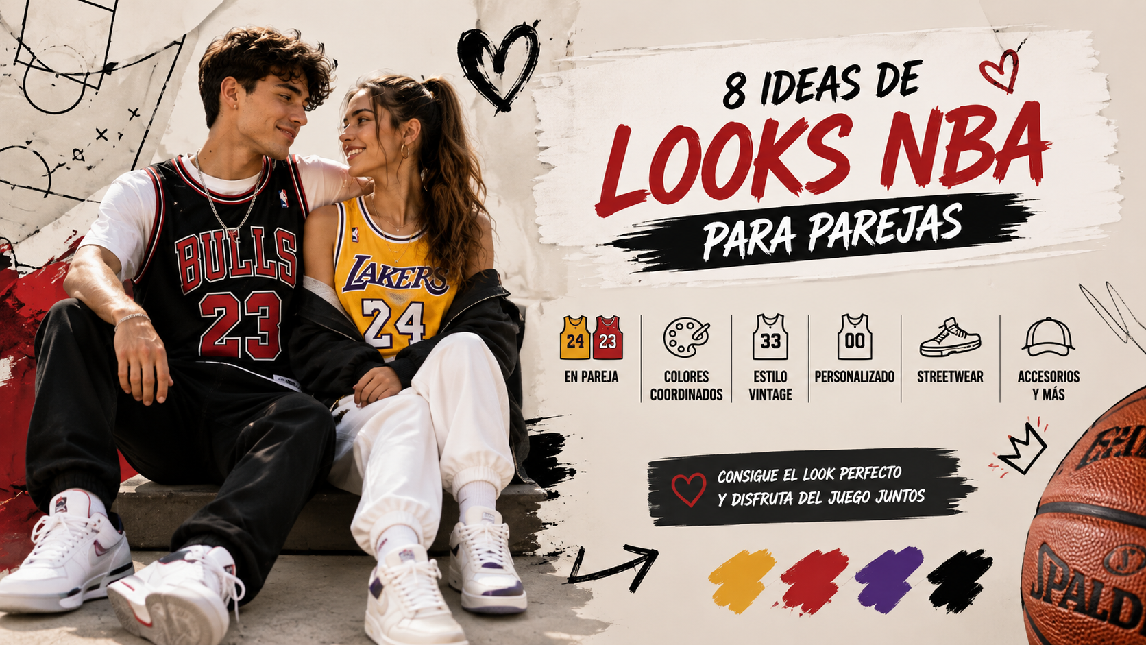 Pareja luciendo camisetas de los Lakers en el estadio – look de pareja NBA