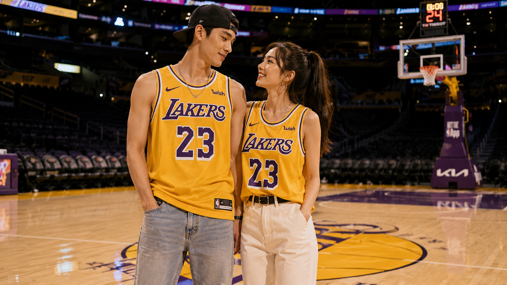 Pareja con camisetas NBA en estilo streetwear urbano – moda de pareja coordinada