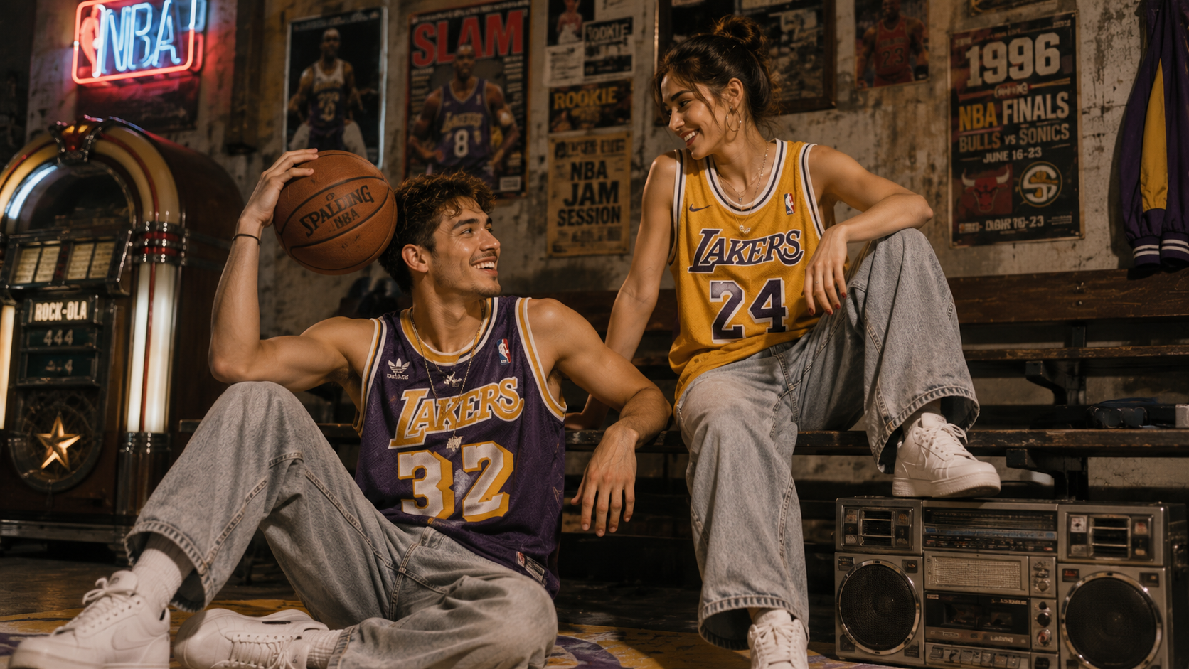 Camisetas NBA vintage y modernas combinadas en pareja – estilo retro contemporáneo