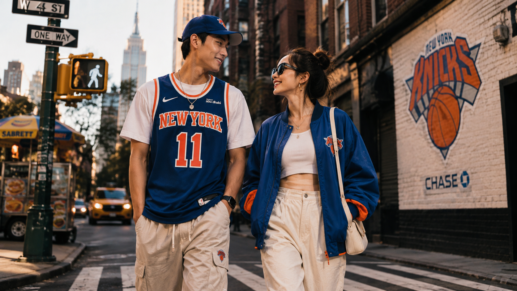 Pareja joven con camisetas NBA retro en ambiente de baloncesto – cultura y estilo