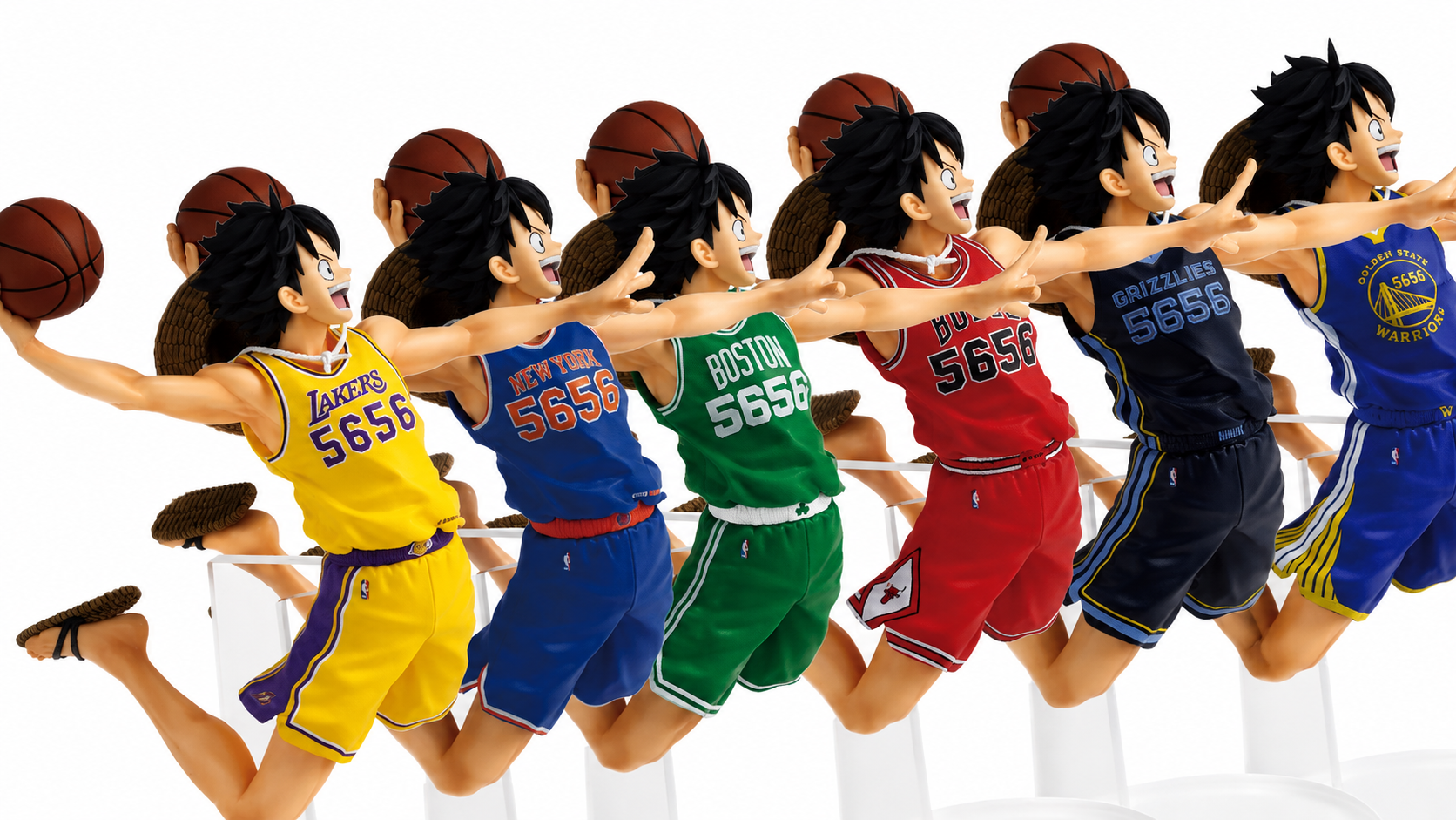 Vista general de camisetas de colaboraciones entre la NBA y el anime, incluyendo One Piece, Slam Dunk y Naruto