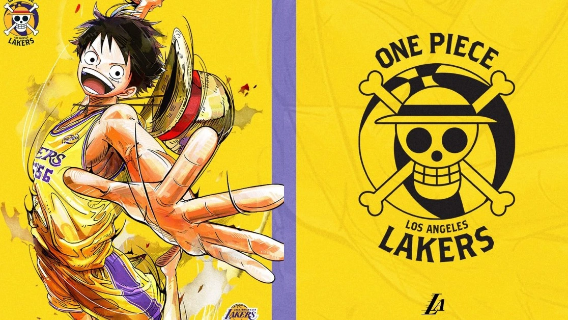 Camiseta oficial de Los Angeles Lakers en colaboración con One Piece, con el personaje Monkey D. Luffy en su forma Gear 5
