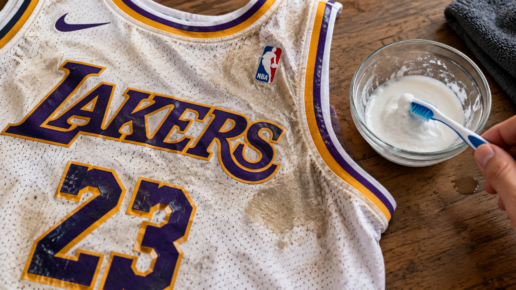 Primer plano de una pasta de bicarbonato aplicada sobre una mancha de sudor en la axila de una camiseta NBA
