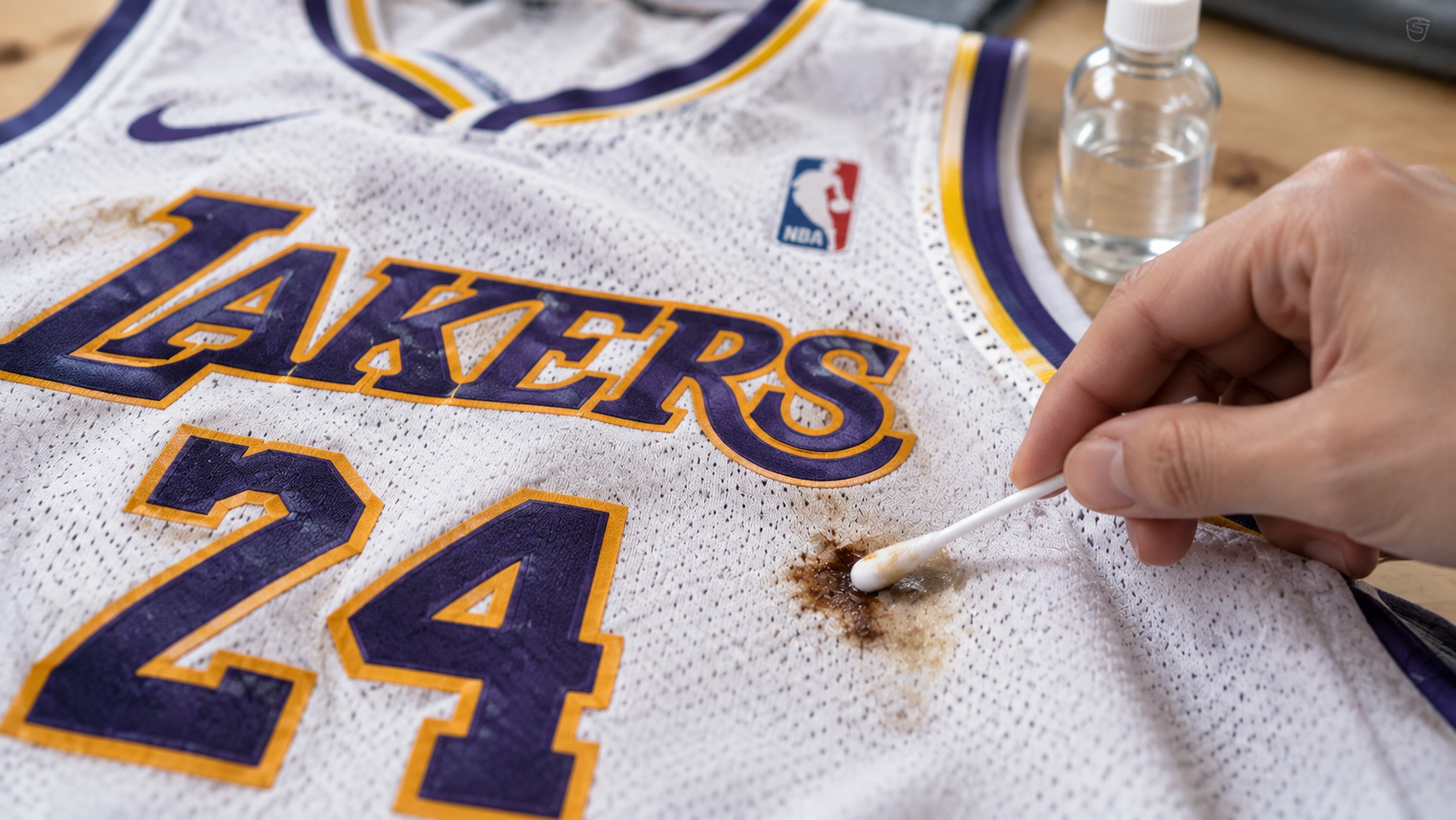 Manos aplicando alcohol con un bastoncillo de algodón sobre una mancha de tinta en una camiseta NBA, dando toquecitos de fuera hacia dentro