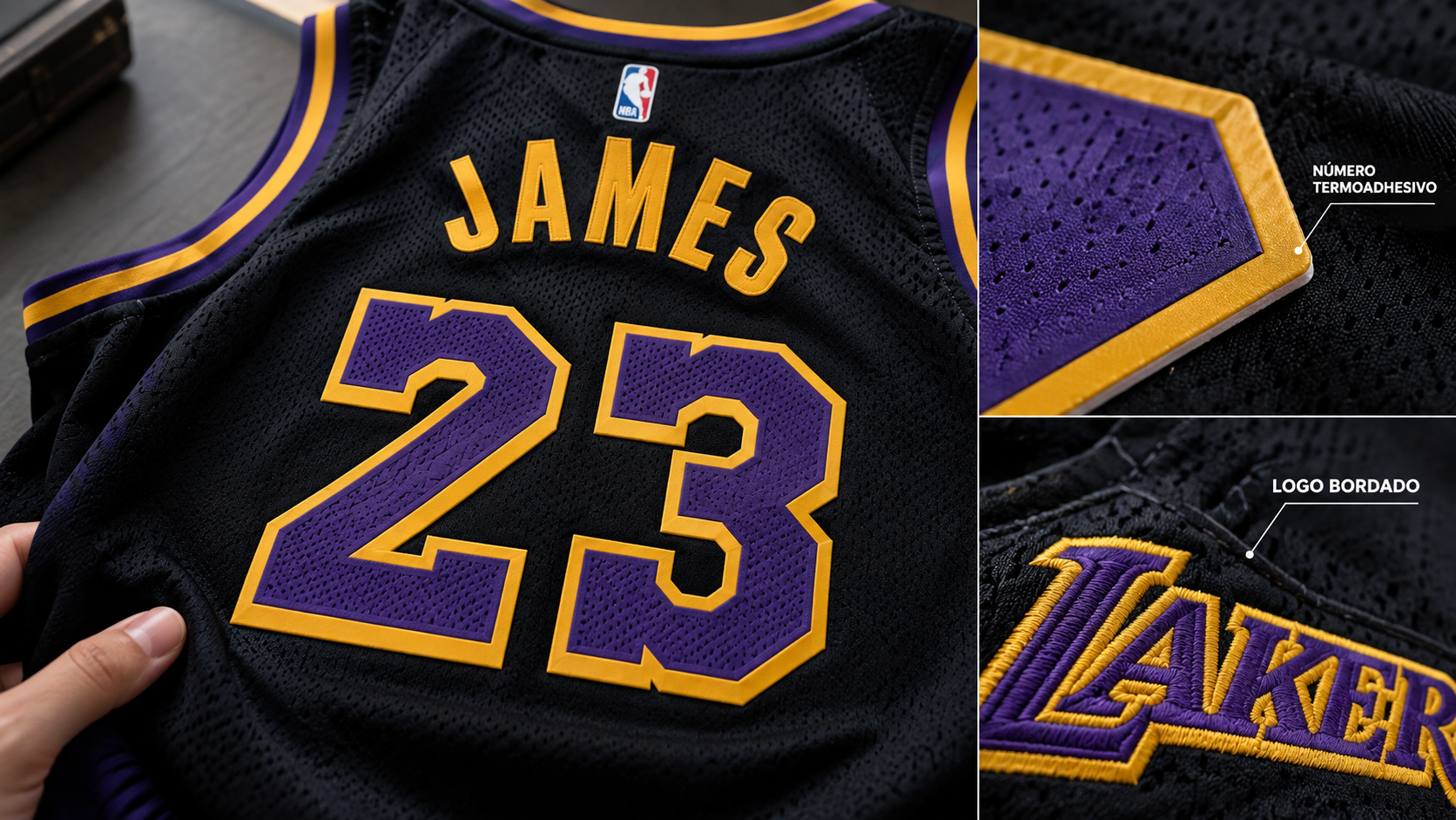 Detalle comparativo entre un número termosellado por calor y un escudo bordado en una camiseta NBA