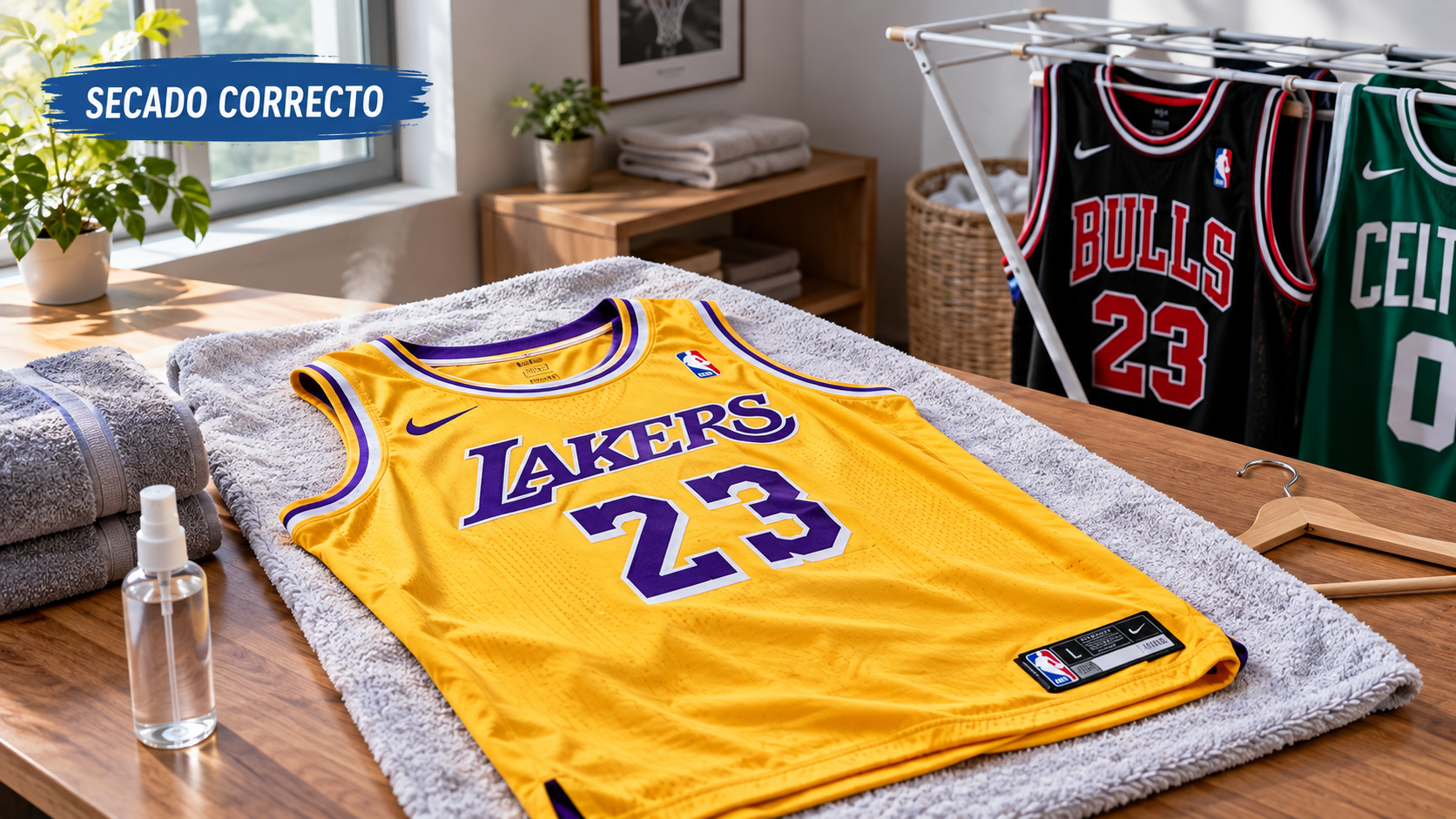 Camiseta NBA secándose a la sombra, del revés y con buena ventilación en un tendedero