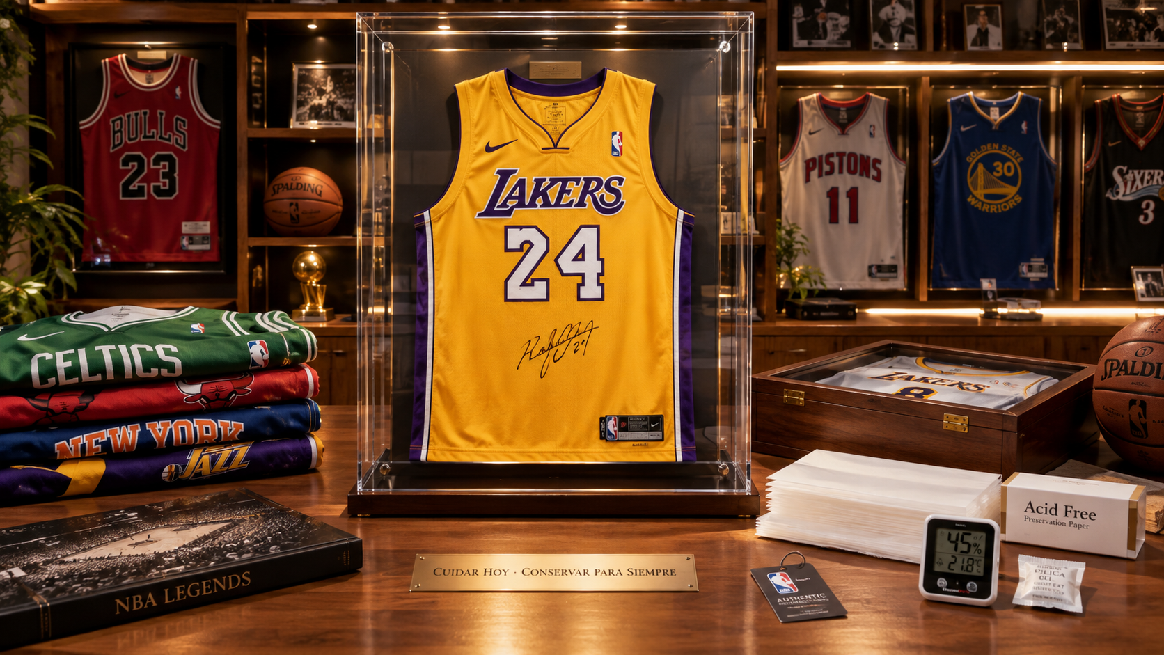 Colección de camisetas NBA vintage y firmadas guardadas para su conservación a largo plazo