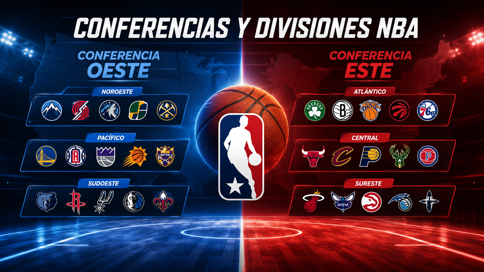 Distribución de las conferencias Este y Oeste con sus seis divisiones y equipos