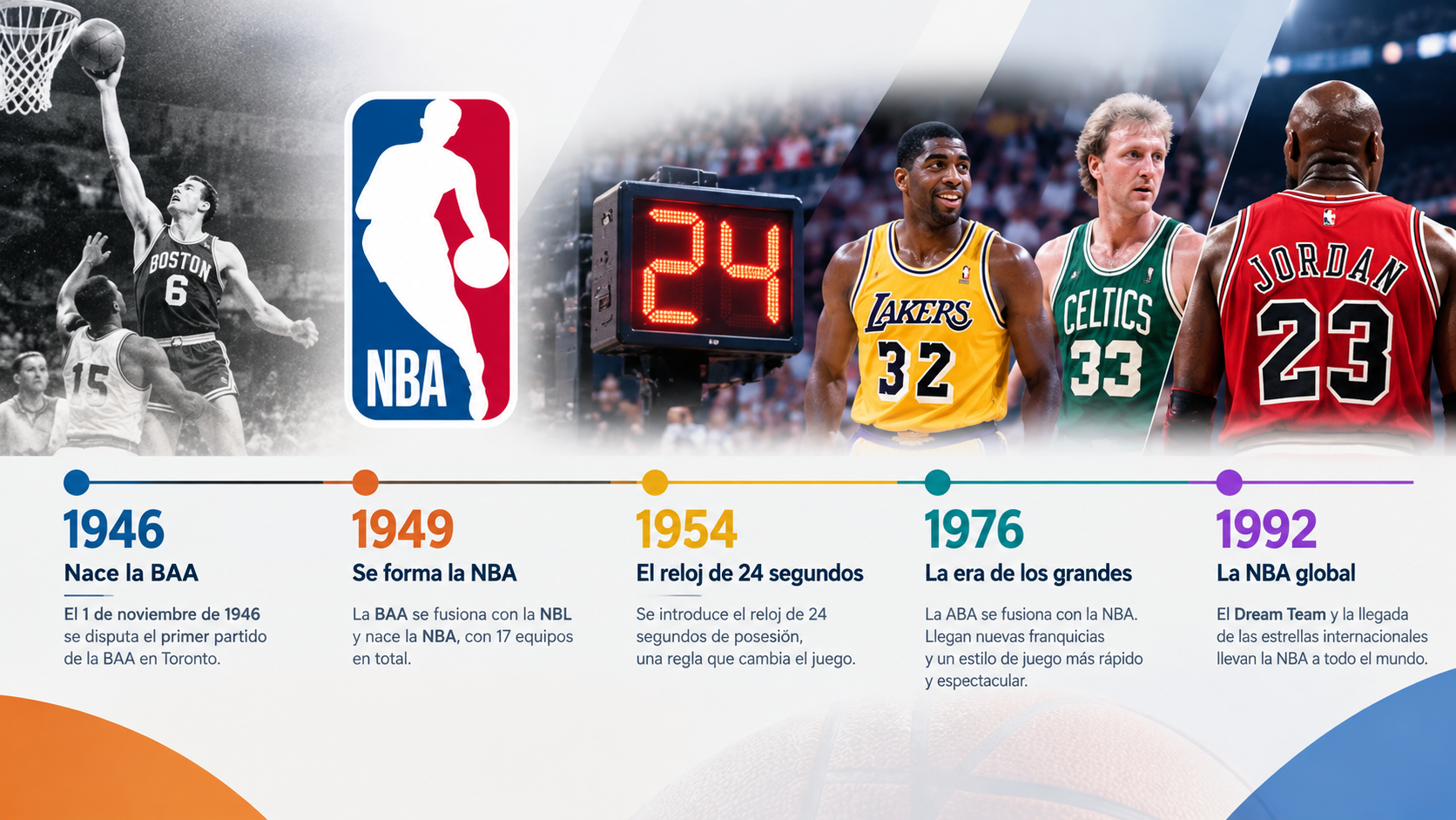 Línea de tiempo con los hitos más importantes de la historia de la NBA, desde la fundación de la BAA hasta la era moderna