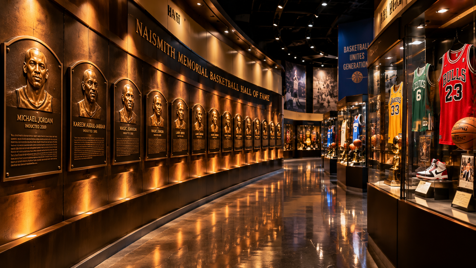 Sala de exposiciones en el interior del Naismith Memorial Basketball Hall of Fame con objetos históricos del baloncesto