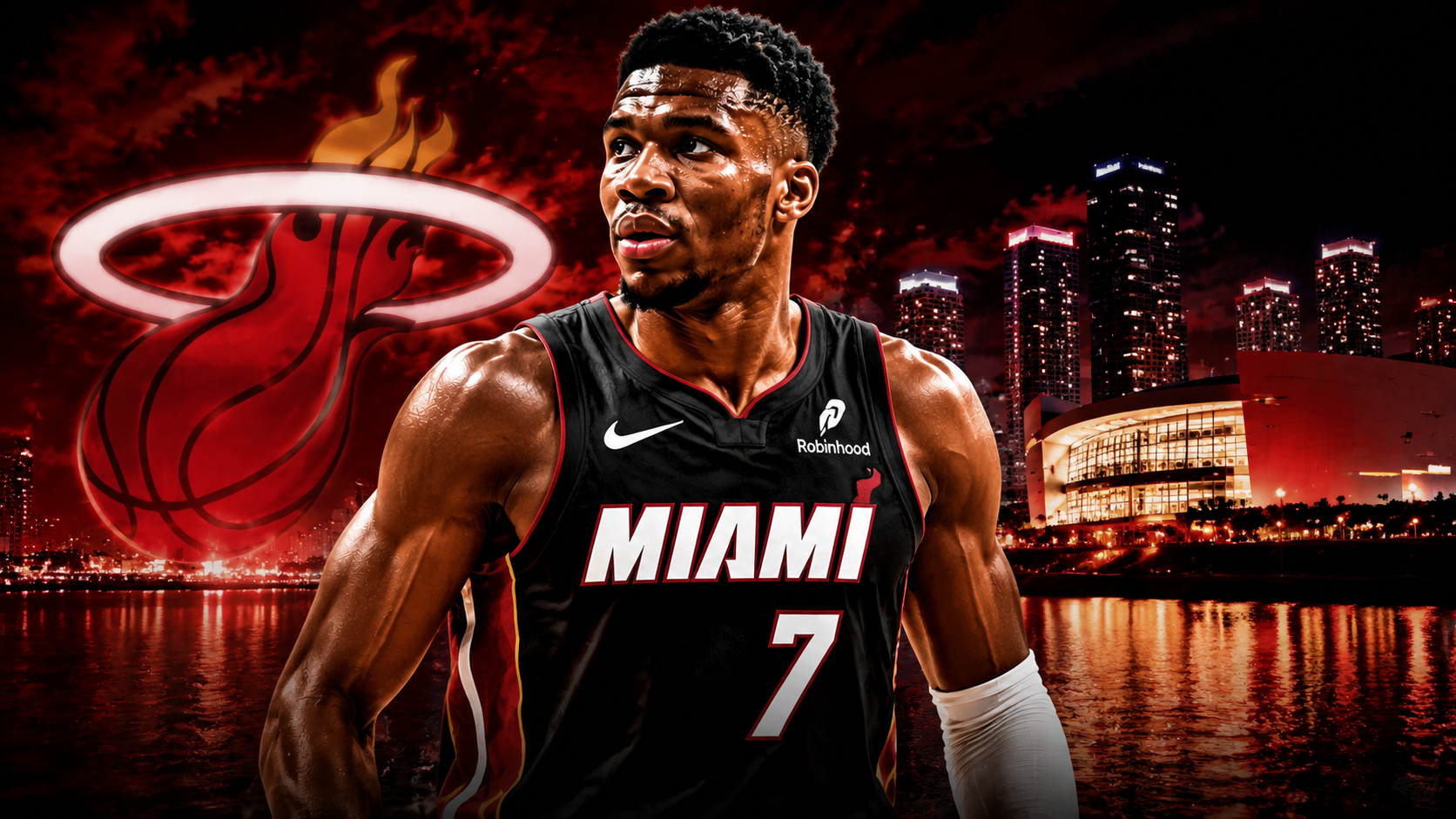 Retrato en primer plano de Giannis Antetokounmpo con la nueva camiseta número 7 de Miami Heat