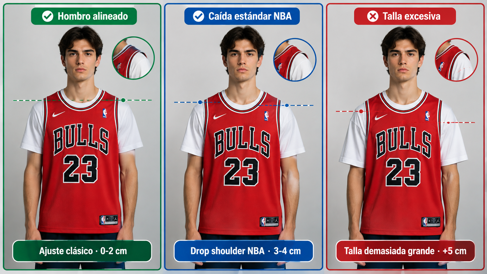 Comparación en tres imágenes de la caída de la costura del hombro (drop shoulder) según la talla del jersey NBA