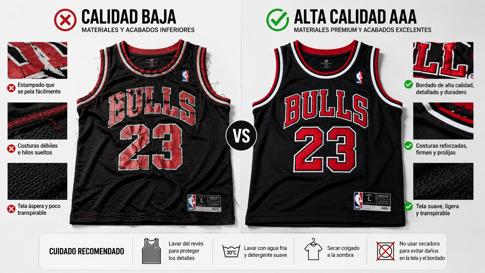 Comparación entre camiseta de baja calidad y camiseta de alta calidad AAA