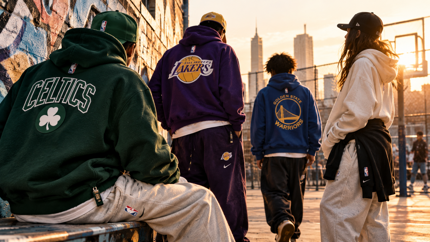 Aficionados con sudaderas oversize de la NBA Standard Issue Collection en la calle