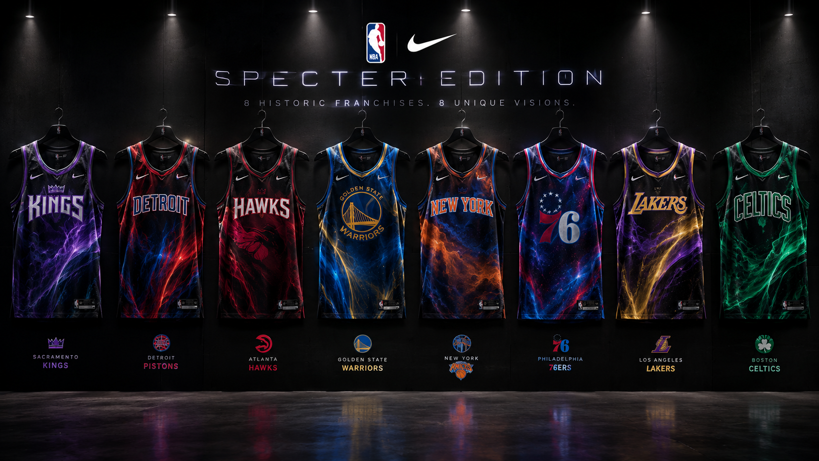 Ocho camisetas Specter Edition de los equipos fundacionales de la NBA