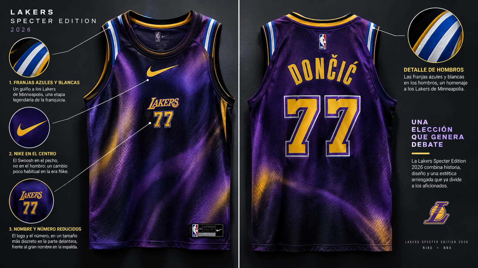 Detalle de la camiseta Specter Edition de los Lakers con el logo Nike centrado