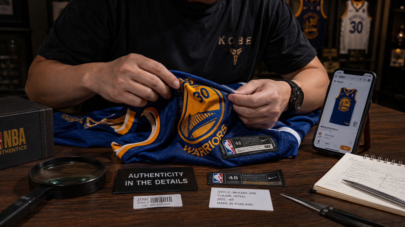 Mesa de trabajo para autenticar camisetas de baloncesto