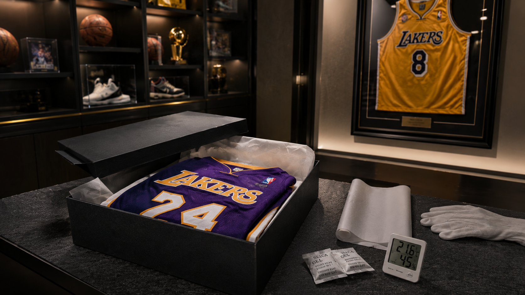 Exposición de camisetas de Lakers en sala de colección
