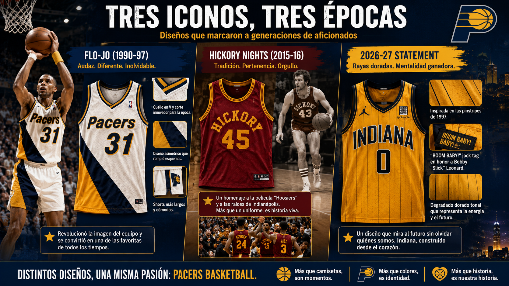 Tres épocas icónicas de las camisetas de los Pacers: Flo-Jo, Hickory y Pinstripes doradas