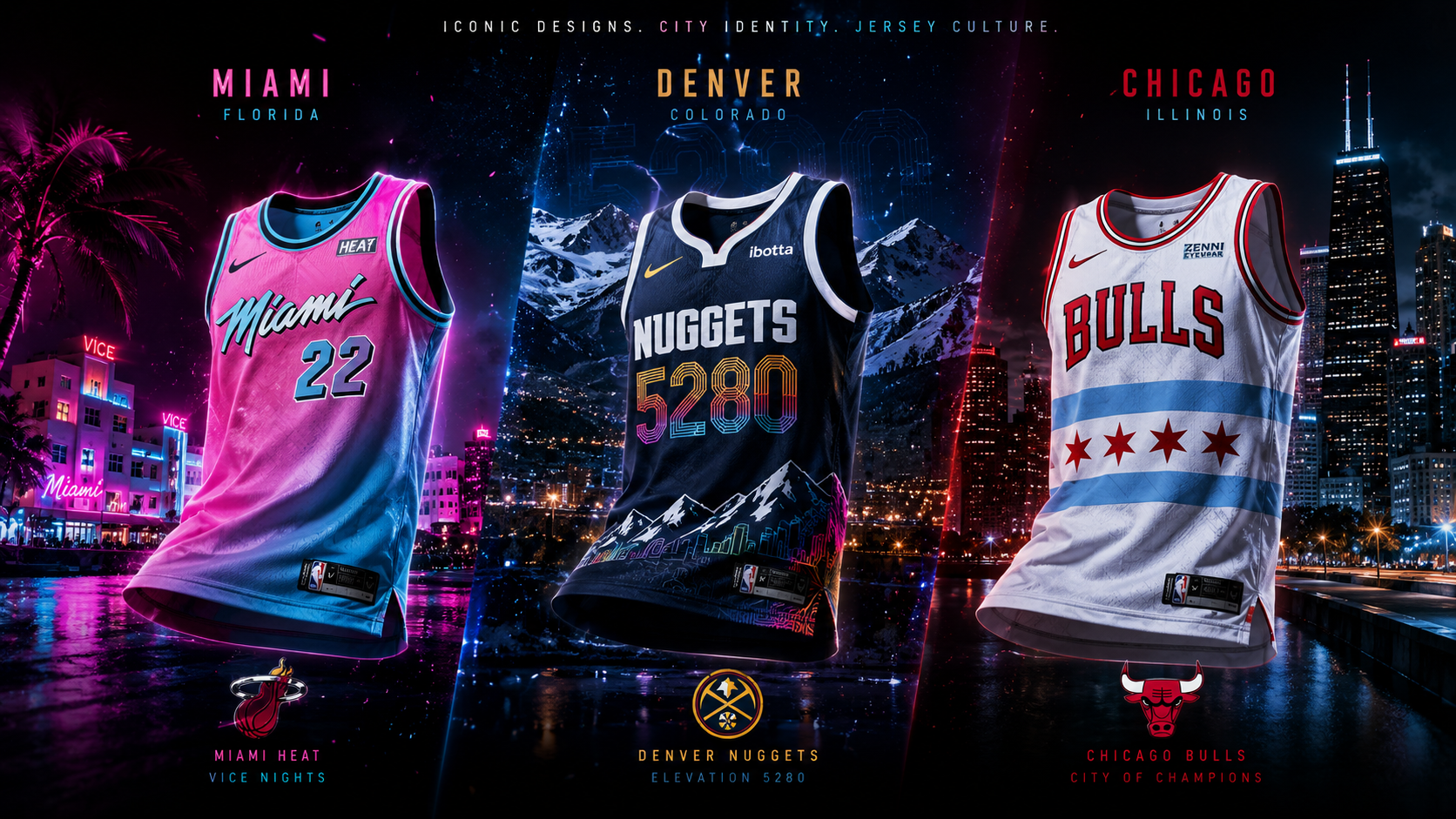 Muestra cultural de las camisetas City Edition de Miami Heat, Chicago Bulls y Denver Nuggets