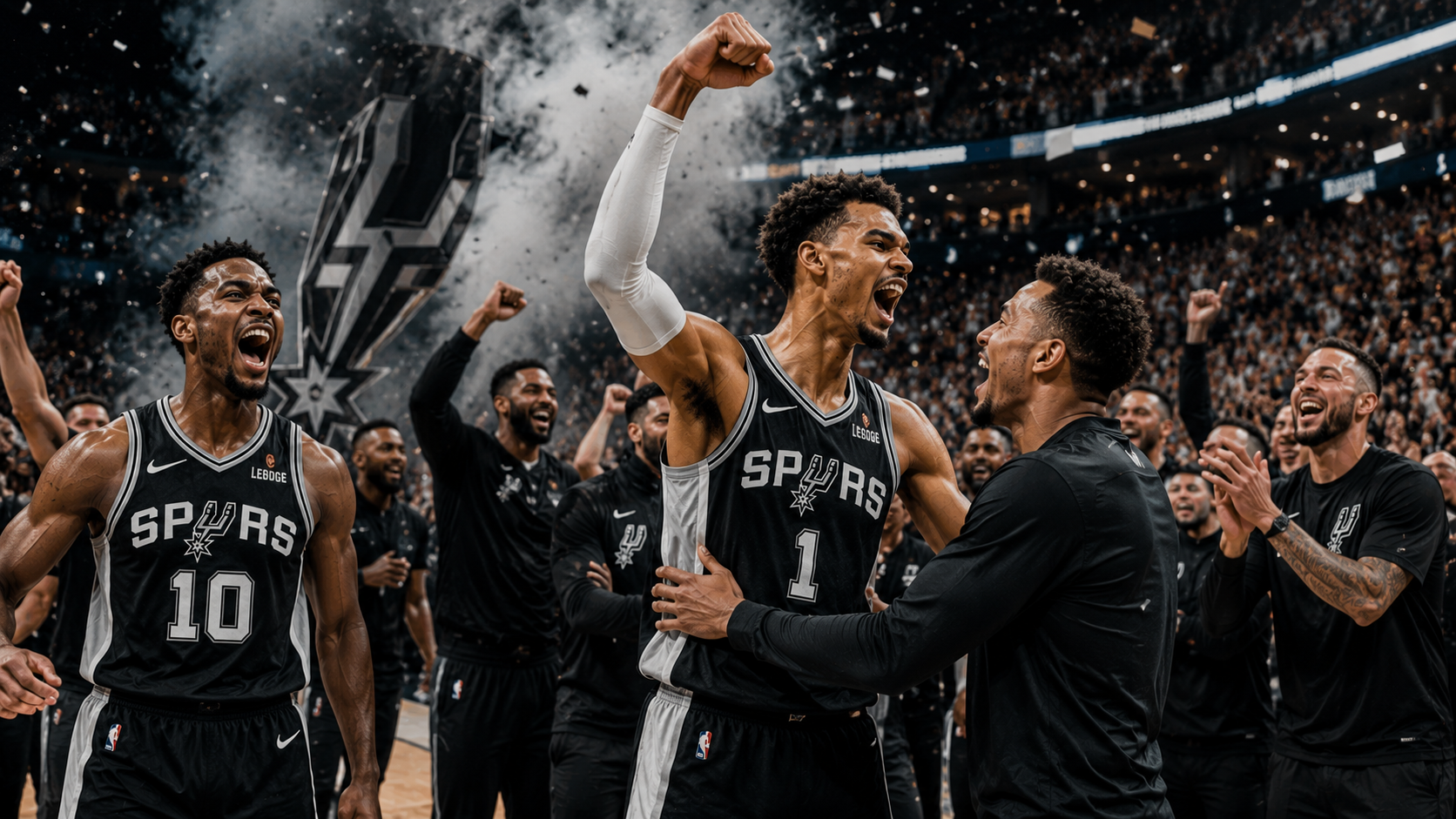 Jugadores de los Spurs celebrando la victoria en semifinales