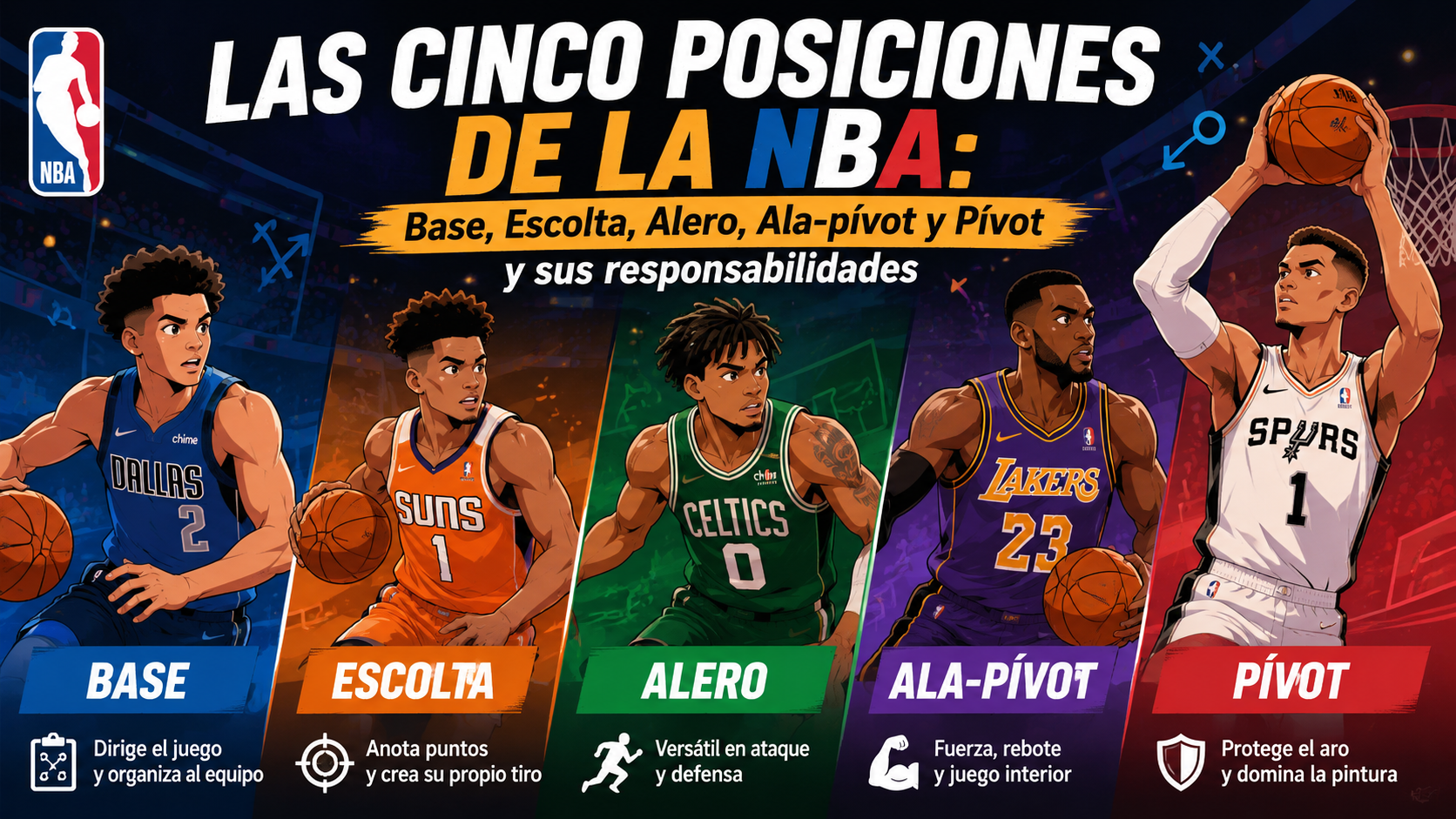 Las cinco posiciones de la NBA: Base, Escolta, Alero, Ala-pívot y Pívot y sus responsabilidades