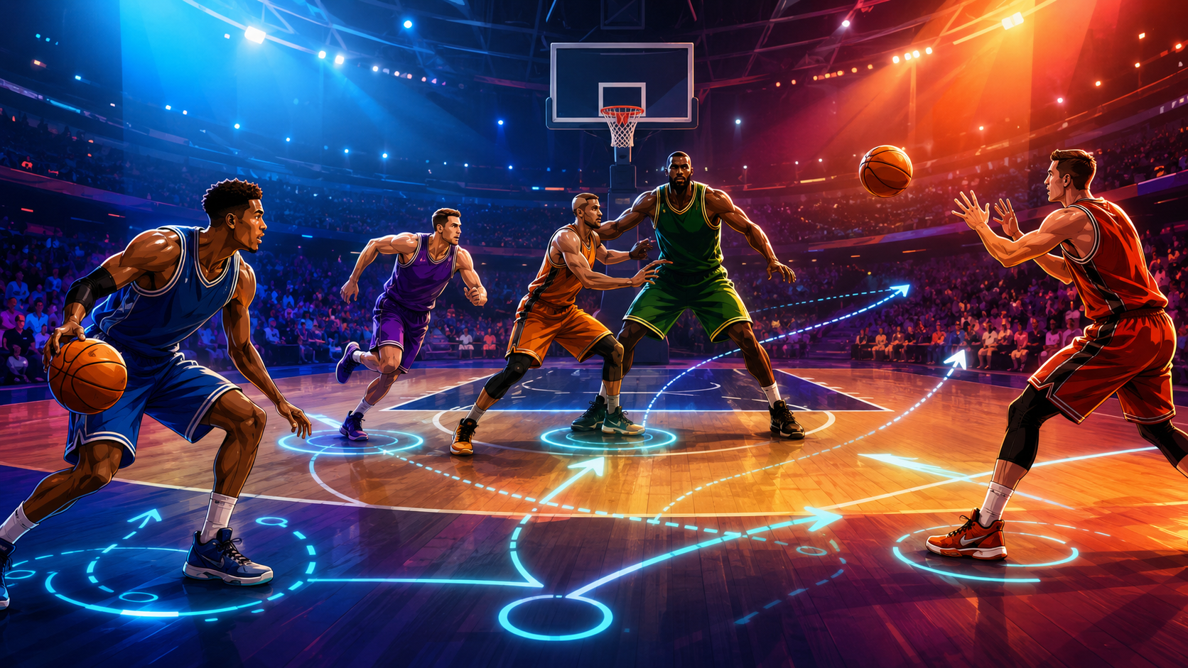 Diagrama de las cinco posiciones de la NBA y sus posiciones en la cancha