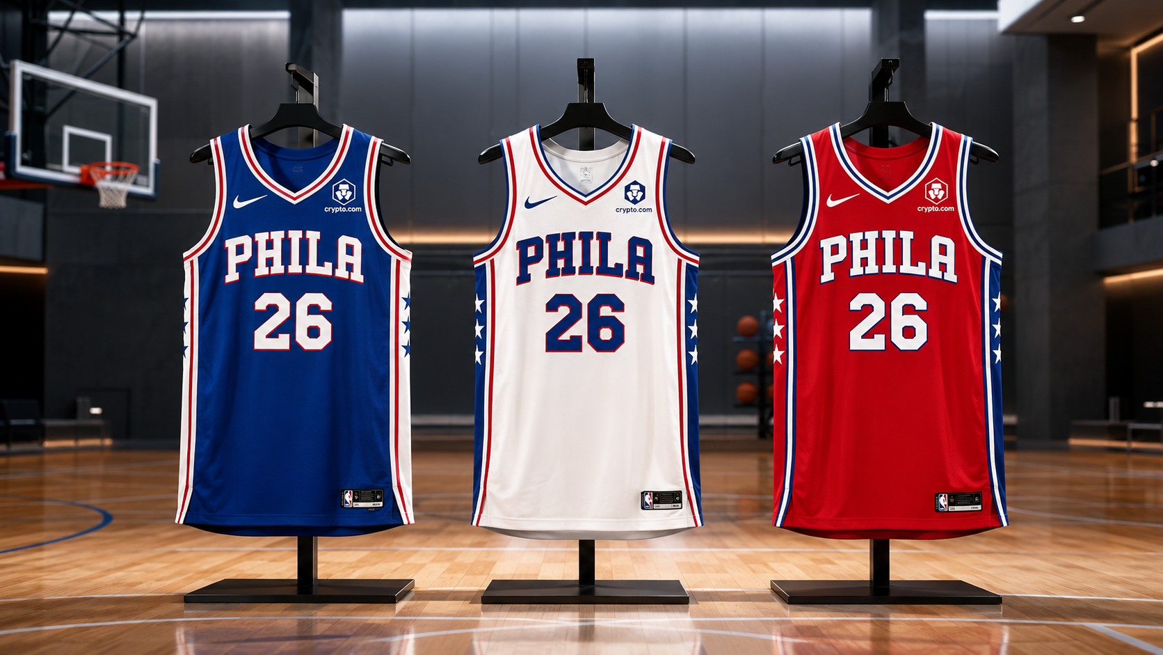Exposición de las camisetas azul, blanca y roja de los Philadelphia 76ers
