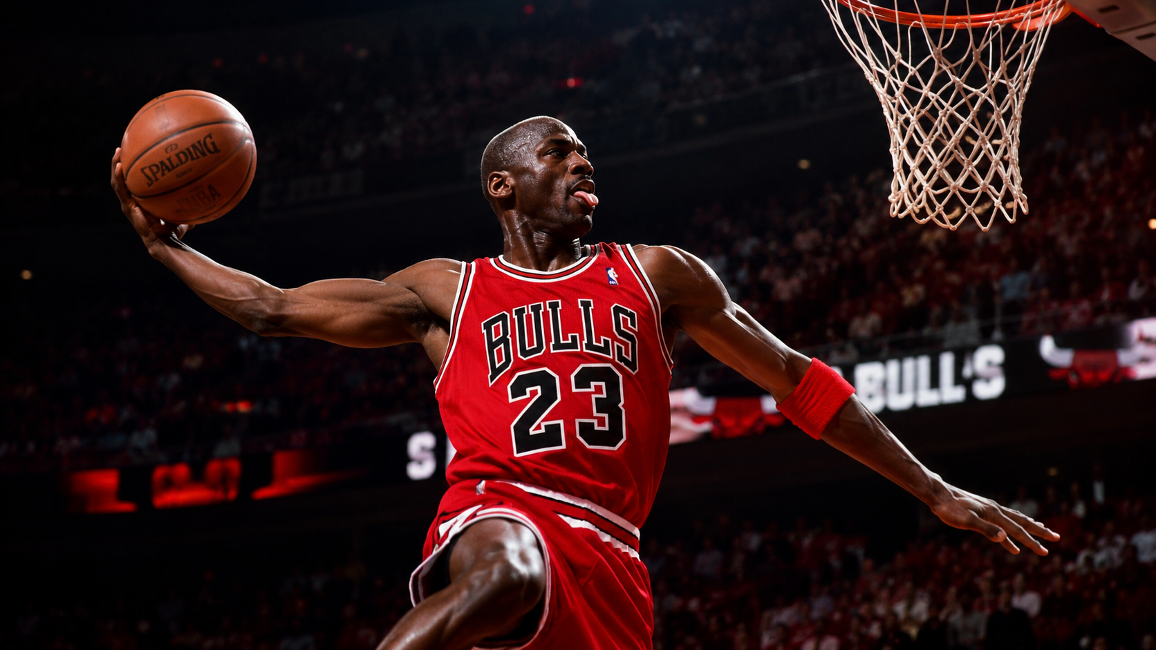 Michael Jordan con la camiseta roja de Chicago Bulls número 23 realizando un mate aéreo clásico