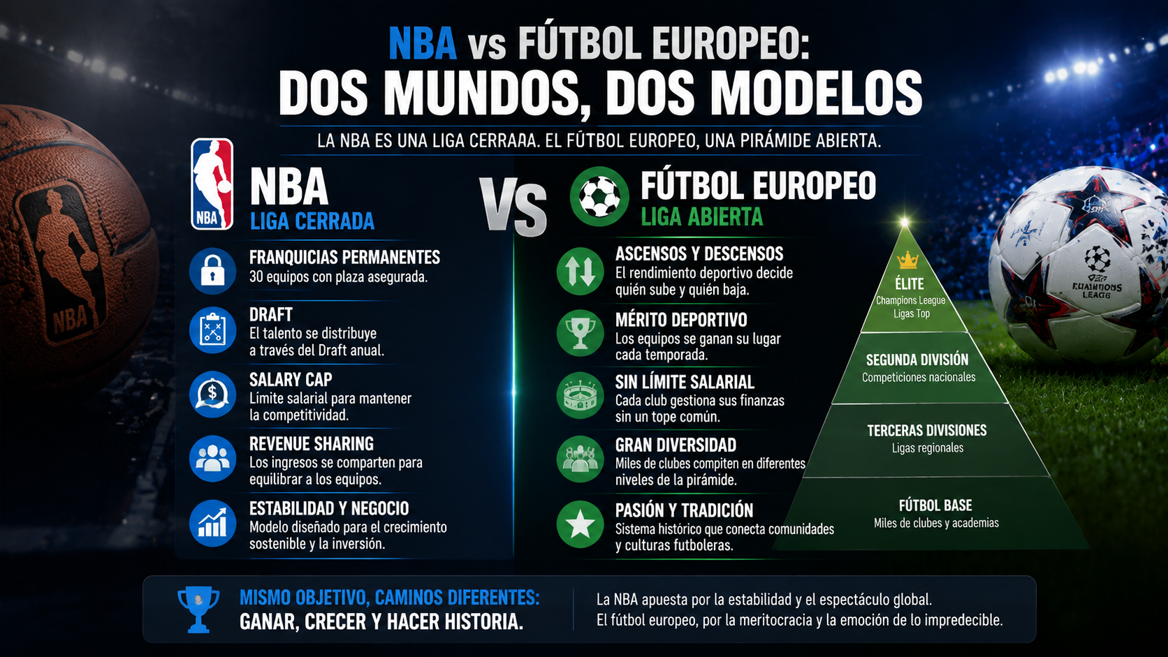 Comparativa visual entre el modelo de competición de la NBA y el del fútbol europeo