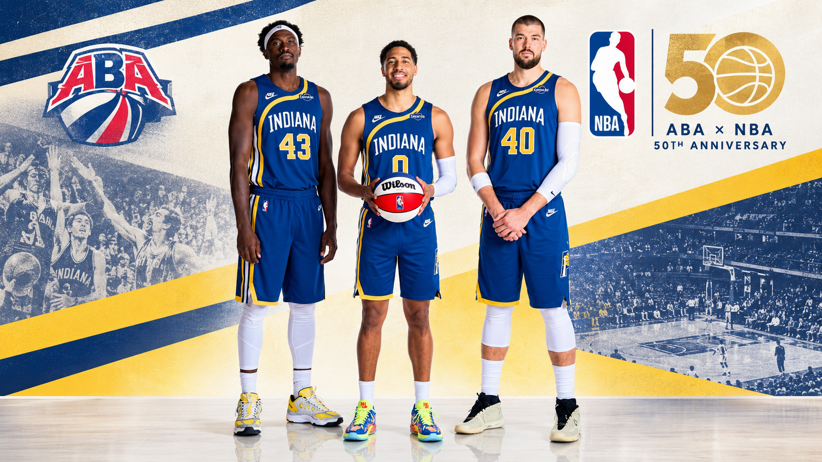 Uniforme Classic Edition de los Indiana Pacers con azul royal, amarillo y la raya asimétrica de la ABA