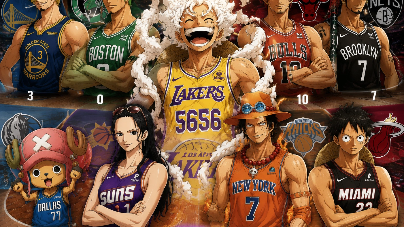 Póster oficial de la colaboración One Piece x NBA: 10 personajes con sus respectivos equipos y dorsales