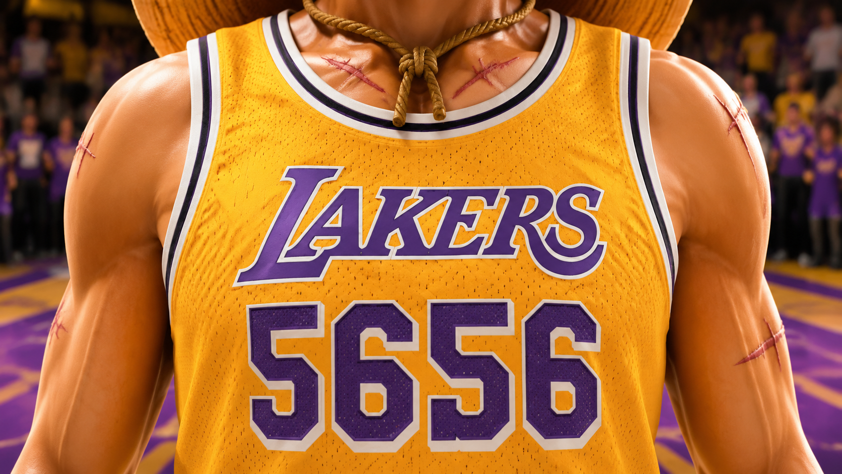 Camiseta amarilla Statement Edition de los Lakers para el crossover One Piece - diseño frontal oficial