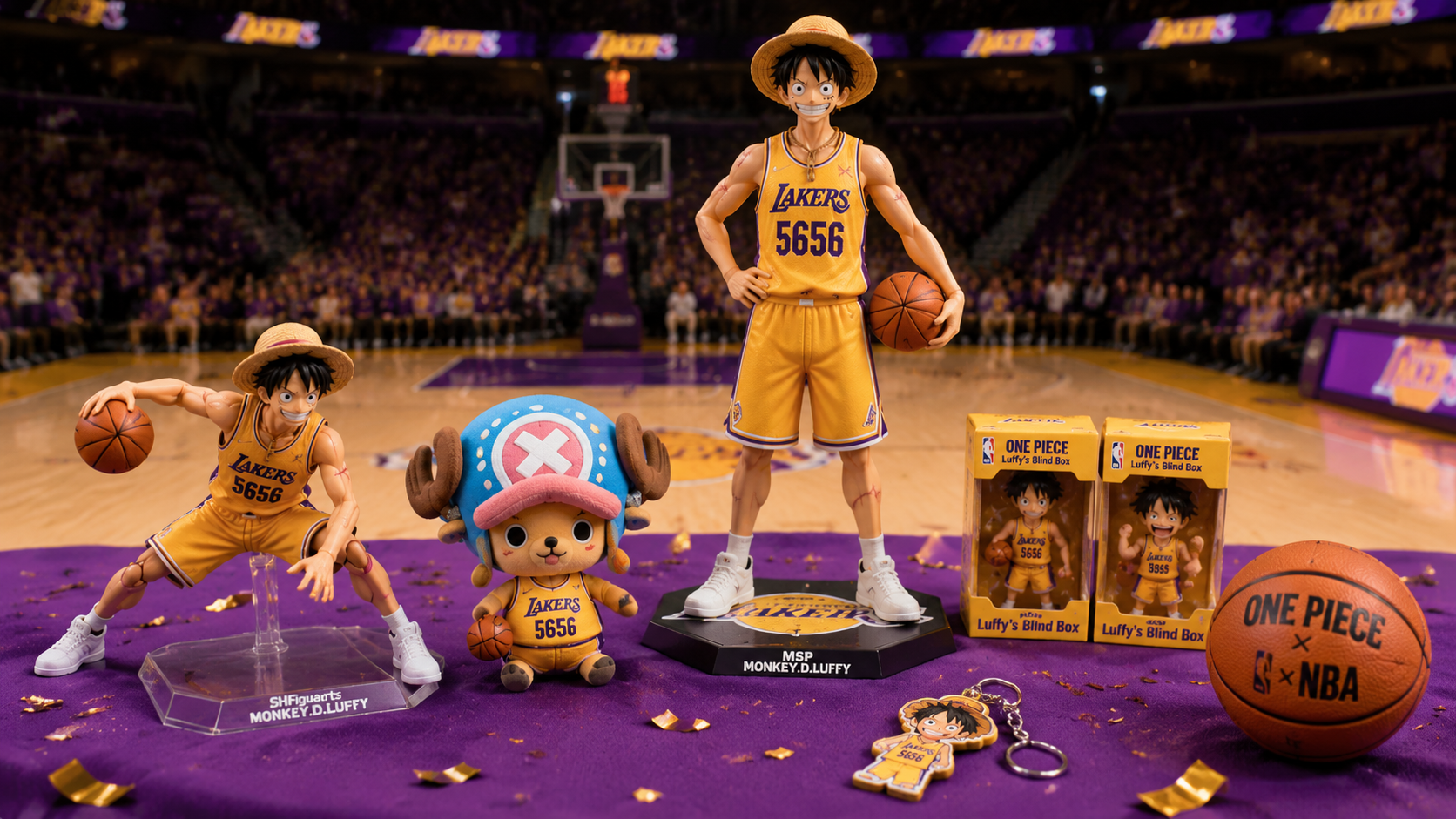 Colección completa de productos oficiales One Piece x Lakers: figuras S.H.Figuarts, peluche Chopper y cajas sorpresa