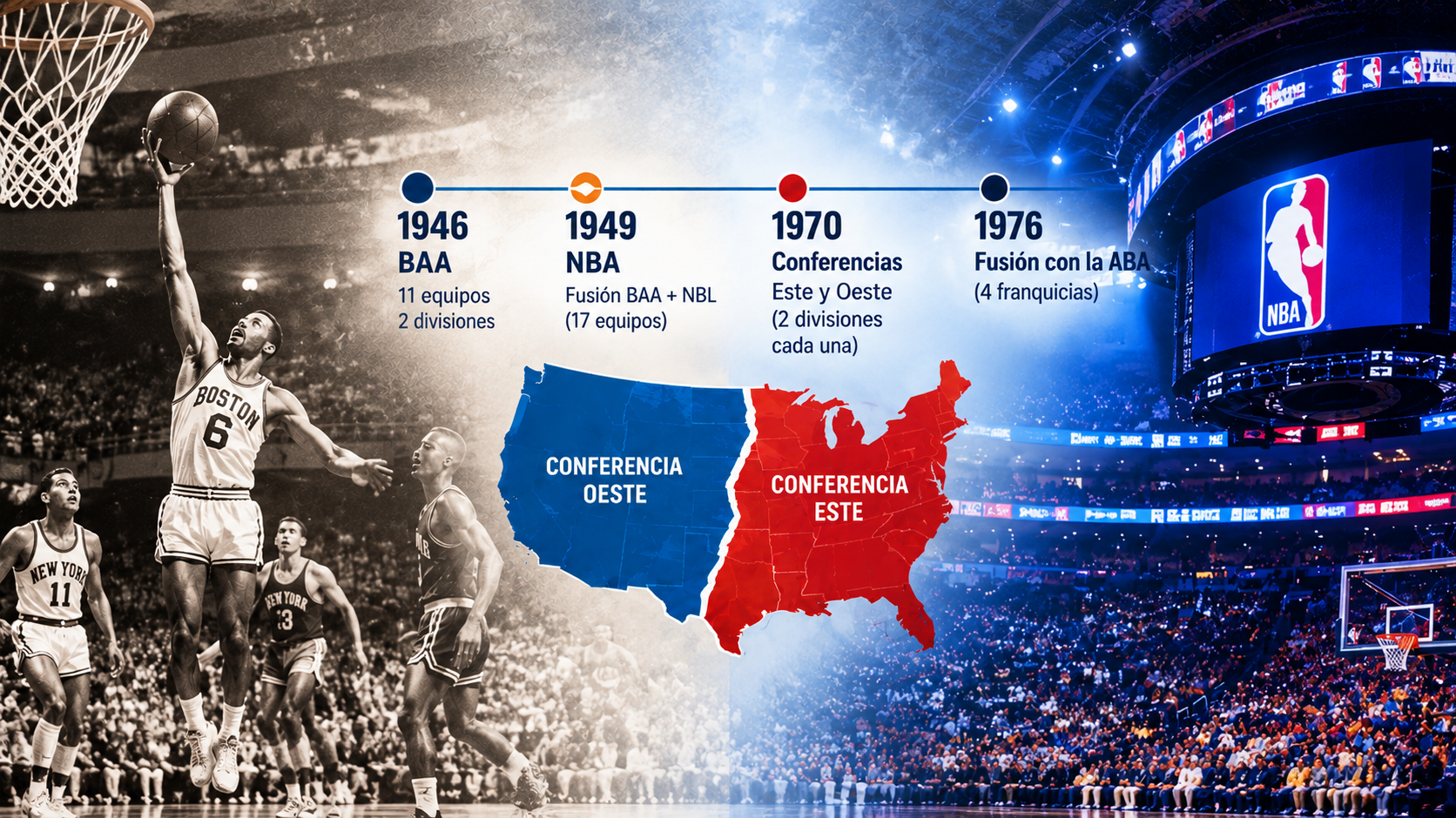 Evolución histórica del mapa de conferencias y divisiones de la NBA desde 1946