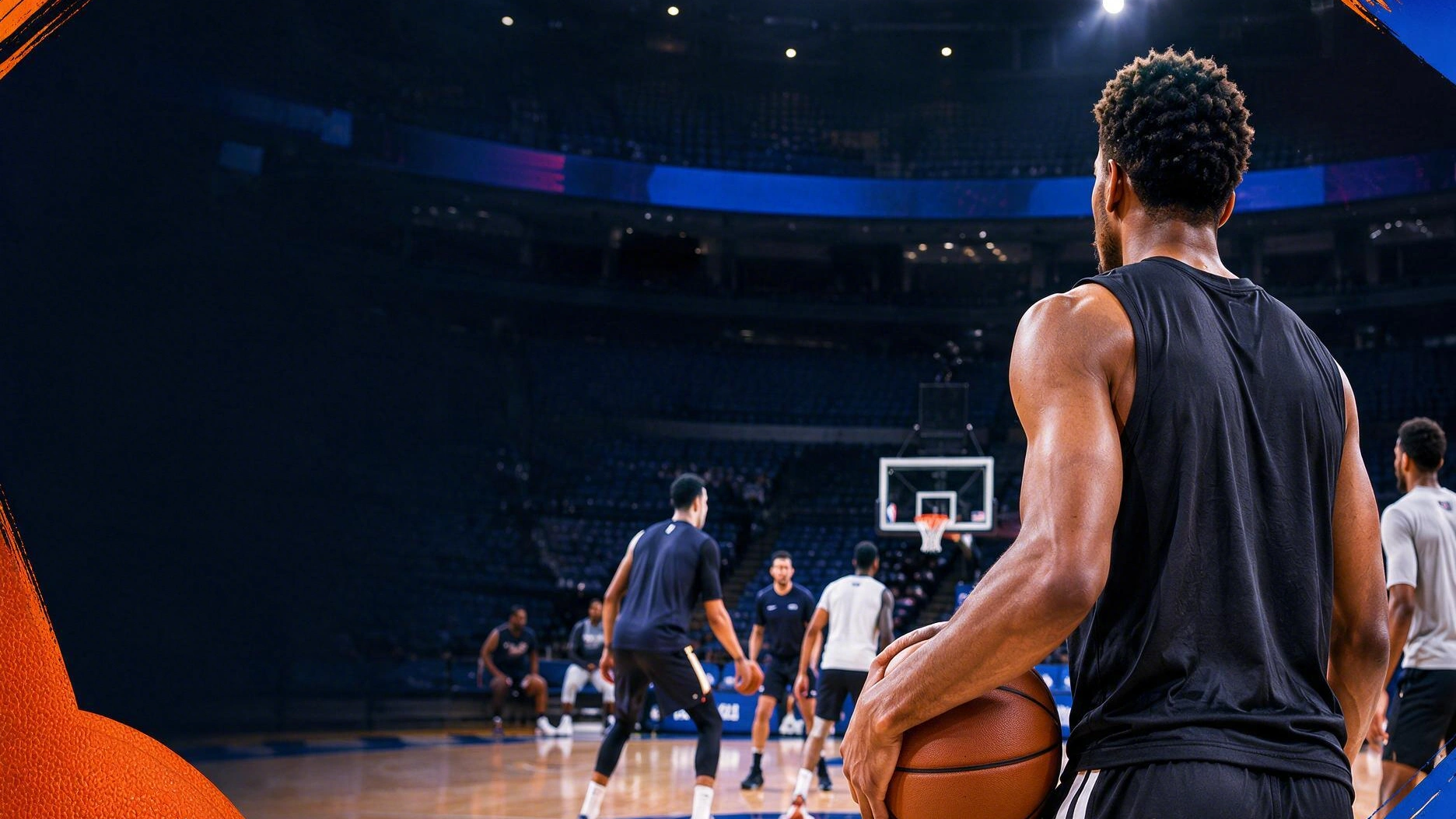 Escena de un partido de pretemporada NBA con jugadores en plena acción sobre la cancha