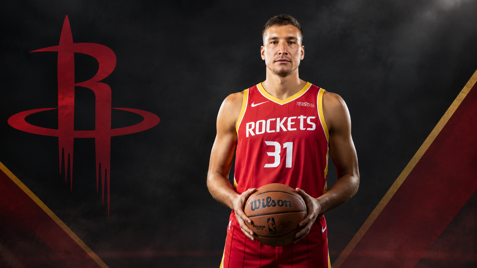 Bogdan Bogdanović celebrando con sus compañeros de los Houston Rockets