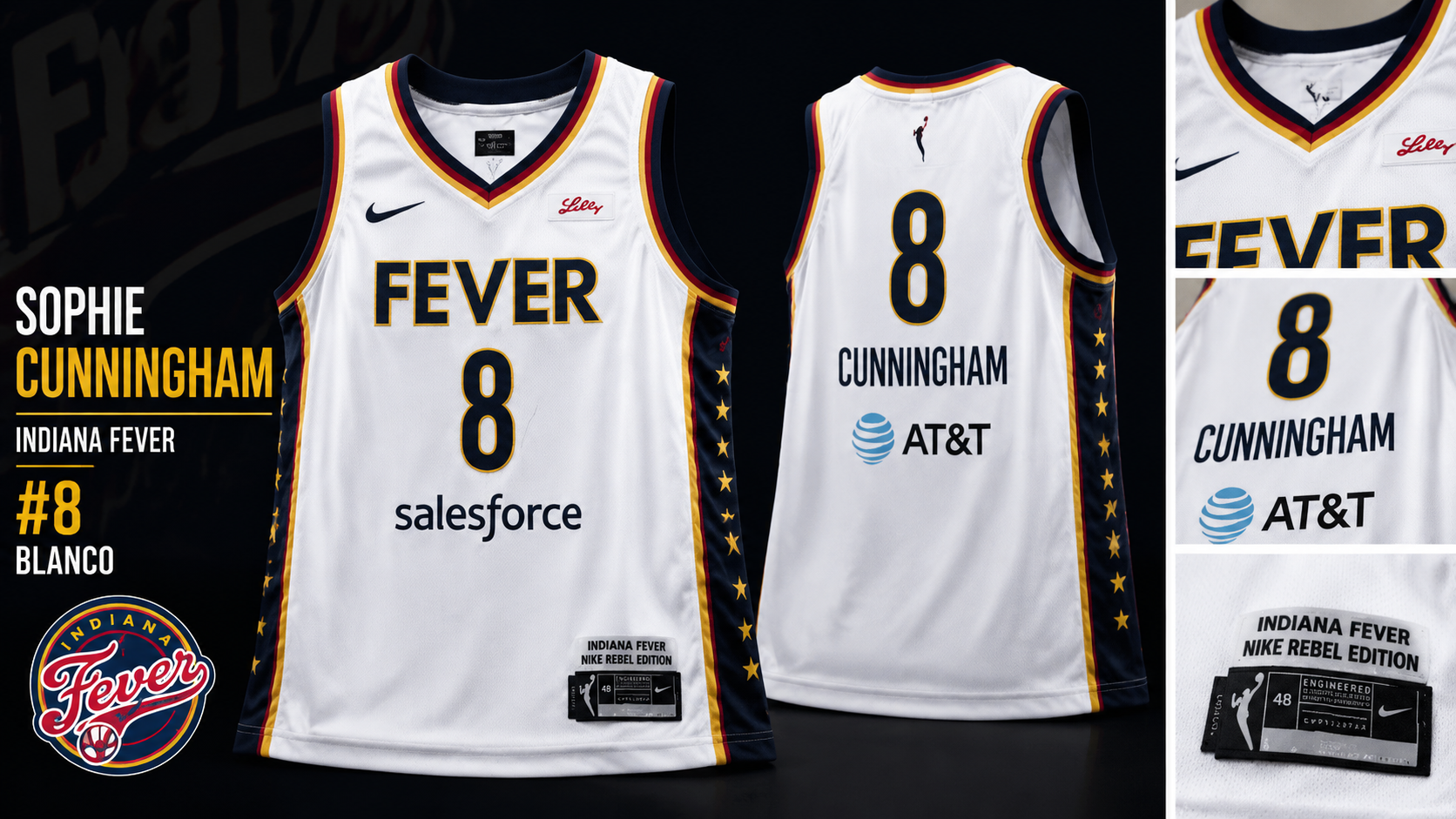 Camiseta oficial de Sophie Cunningham #8 de Indiana Fever en color blanco