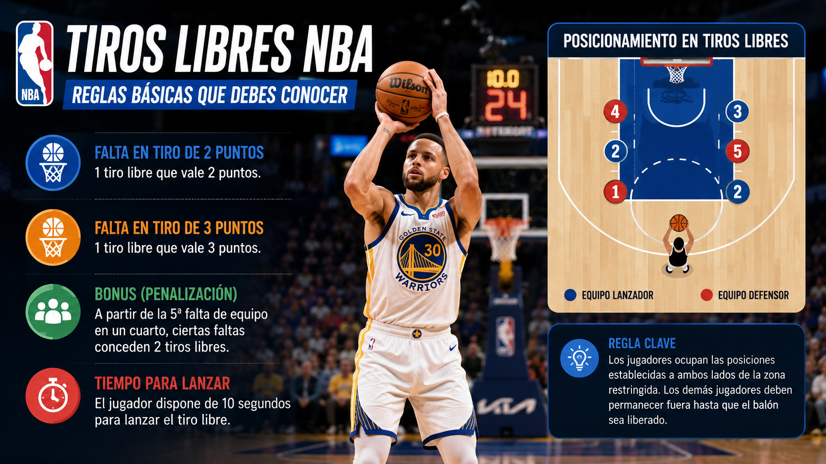 Reglas básicas de tiros libres en la NBA - faltas en acción de tiro, bonus y técnicas