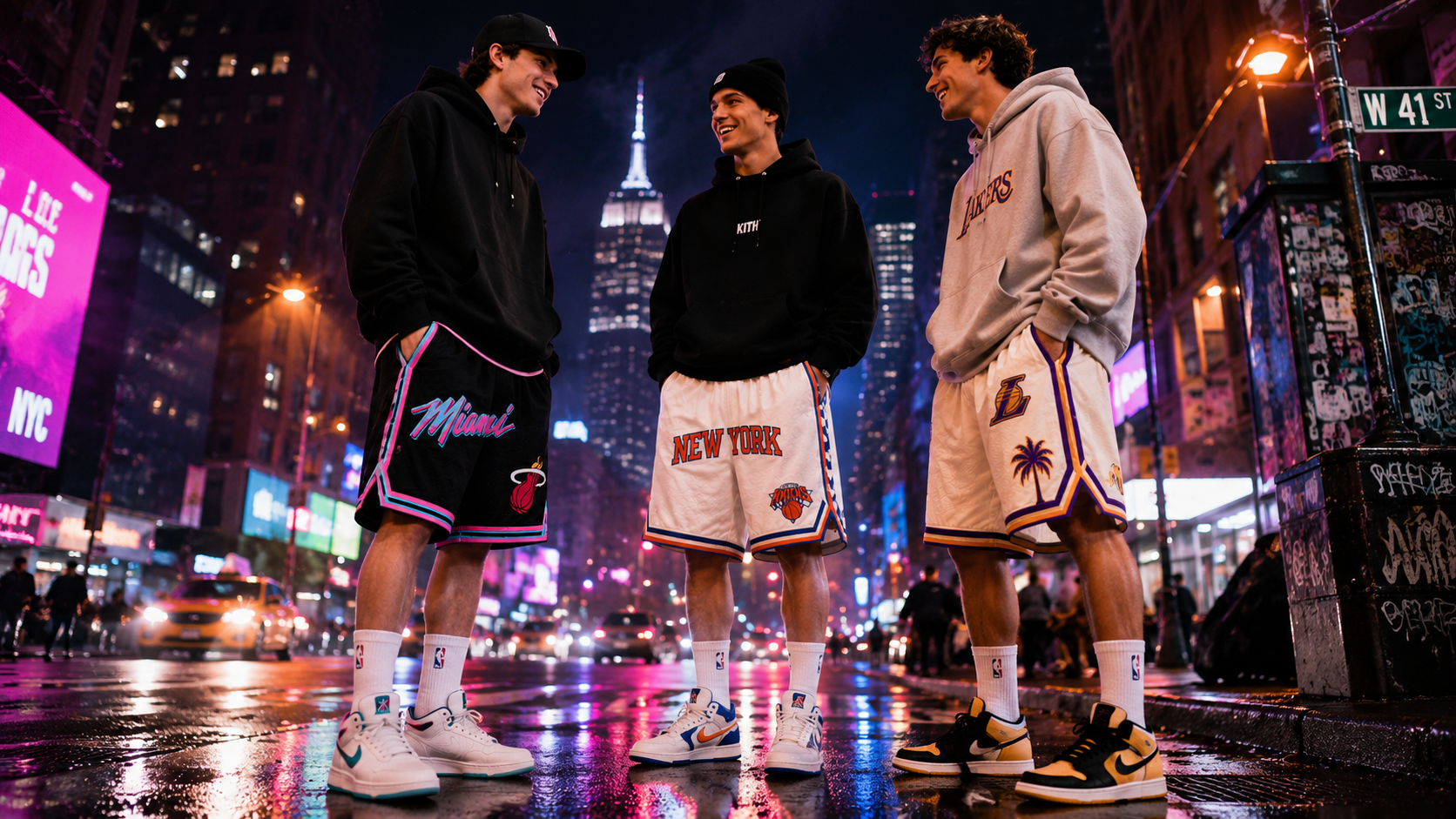 Tres jóvenes aficionados europeos posando en la calle con ropa NBA