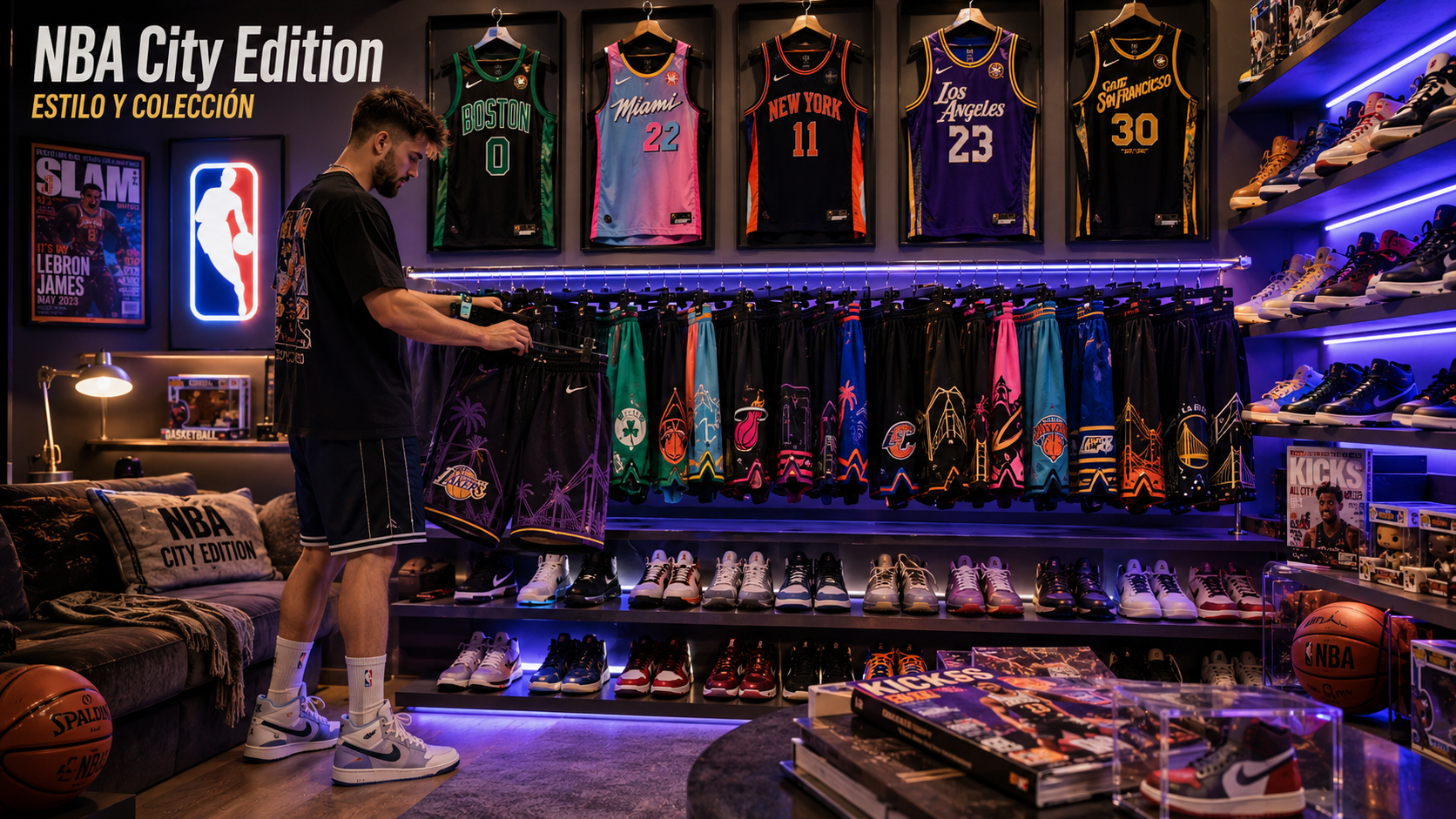 Habitación de coleccionista con zapatillas y uniformes de baloncesto moderno
