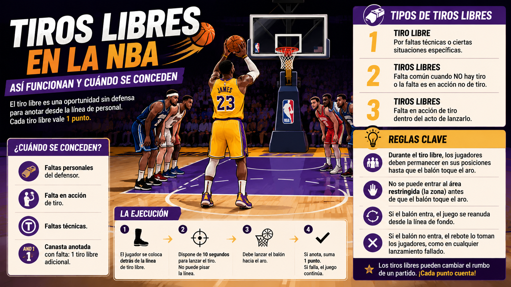 Reglas de tiros libres en la NBA: ejecución, límite de 10 segundos y posiciones de los jugadores