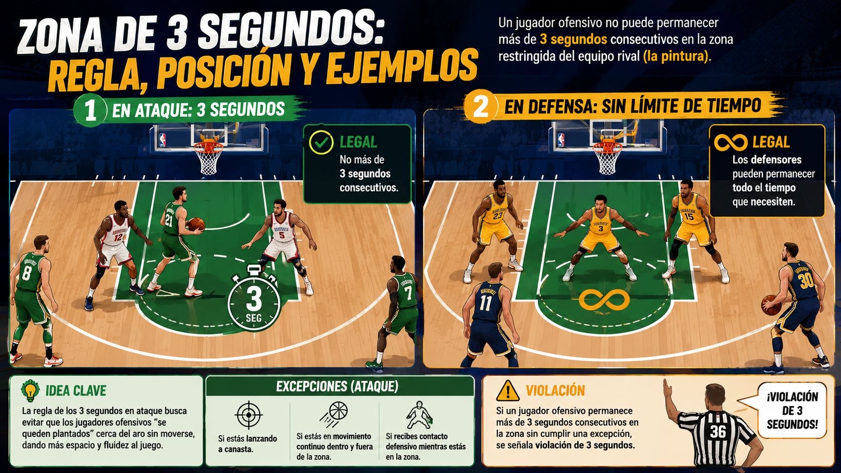 Regla de los 3 segundos en la NBA: zona restringida, ataque y defensa