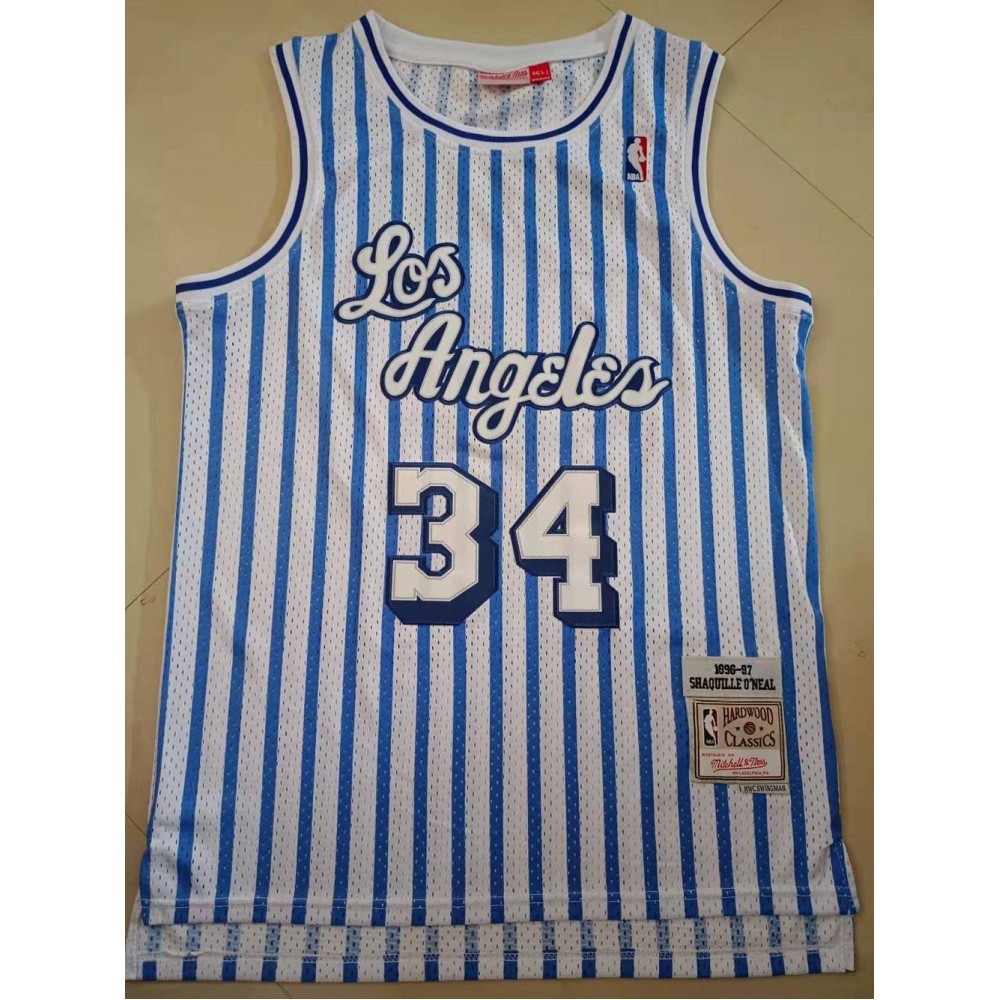 Camiseta Shaquille O'Neal #34 Los Angeles Lakers Clásico Edition Blanco Rayado Azul