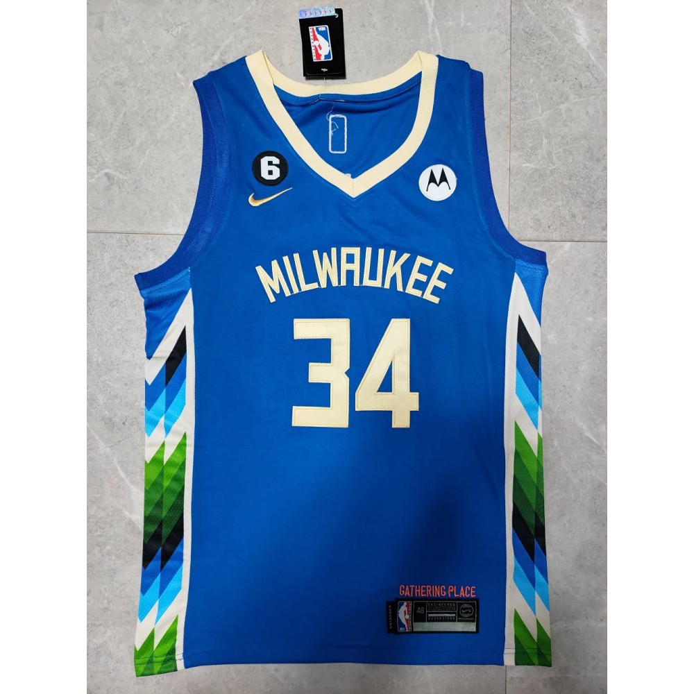 Camiseta Giannis Antetokounmpo #34 Milwaukee Bucks 22/23 Azul Camiseta Giannis Antetokounmpo #34 Milwaukee Bucks 22/23 Azul