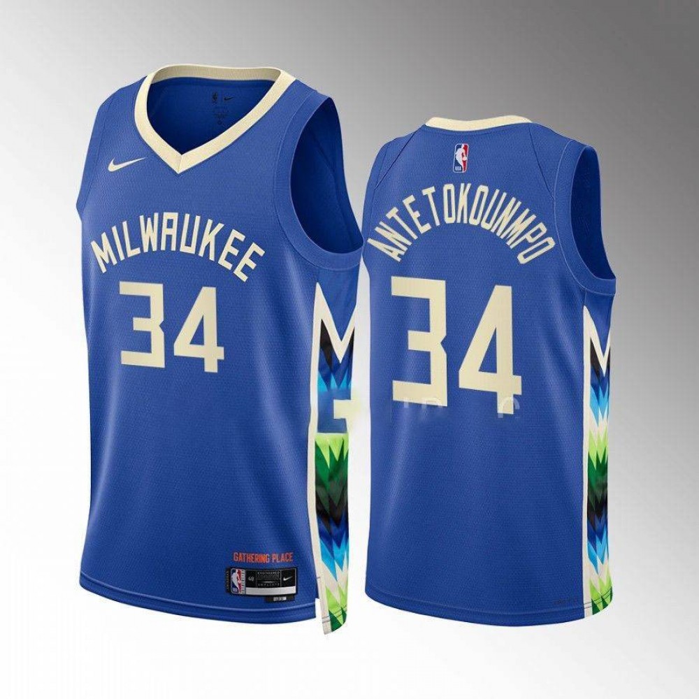 Camiseta Giannis Antetokounmpo #34 Milwaukee Bucks 2022-23 City Edition Azul Camiseta Giannis Antetokounmpo #34 Milwaukee Bucks 2022-23 City Edition Azul